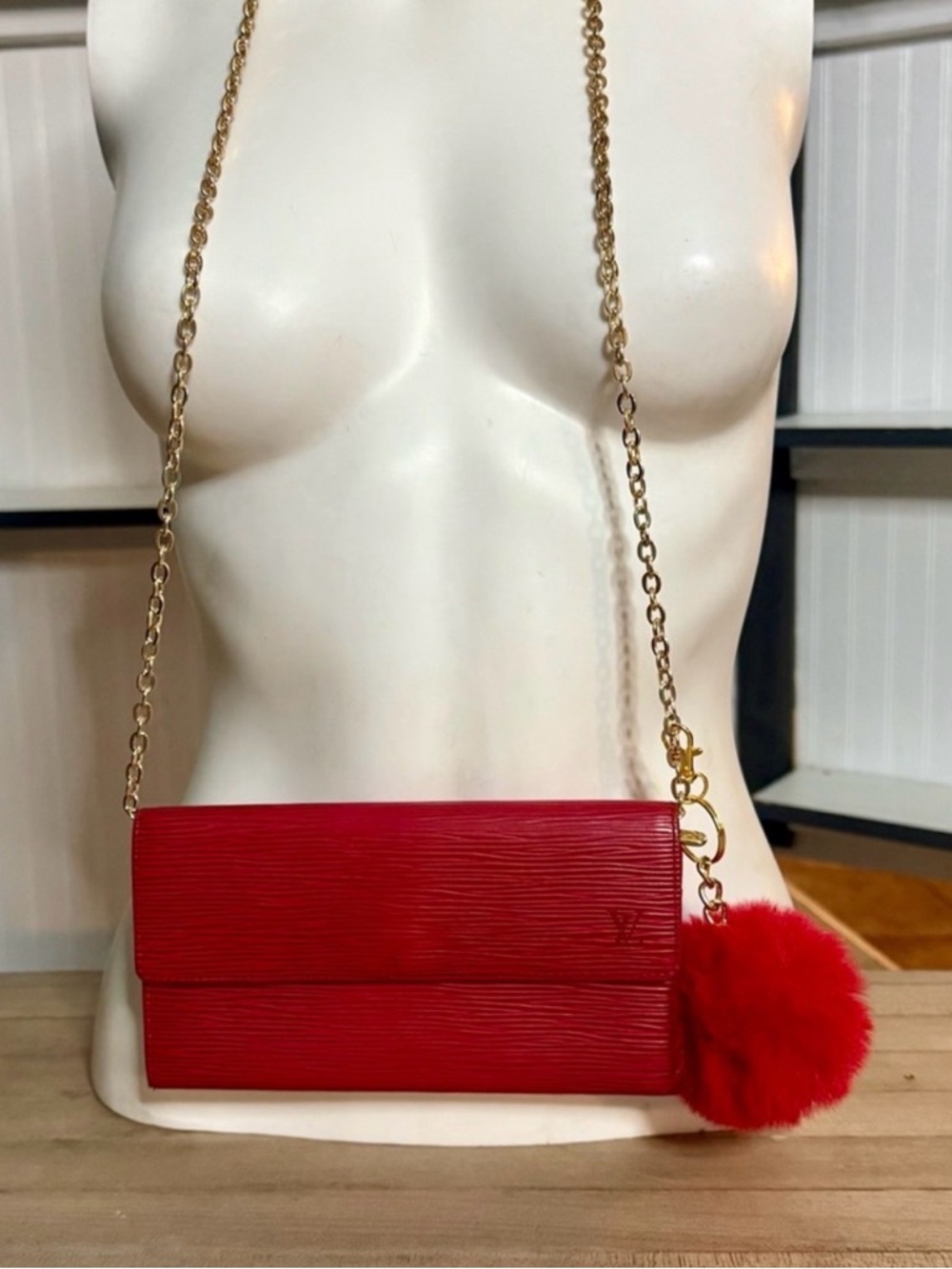 Louis Vuitton Red Epi Leather Crossbody Wallet with Gold Chain